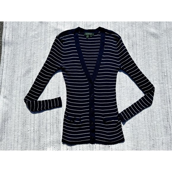 Lauren Ralph Lauren Sweater Blue White Striped Cardigan Nautical Ribbed Womens - Picture 5 of 16